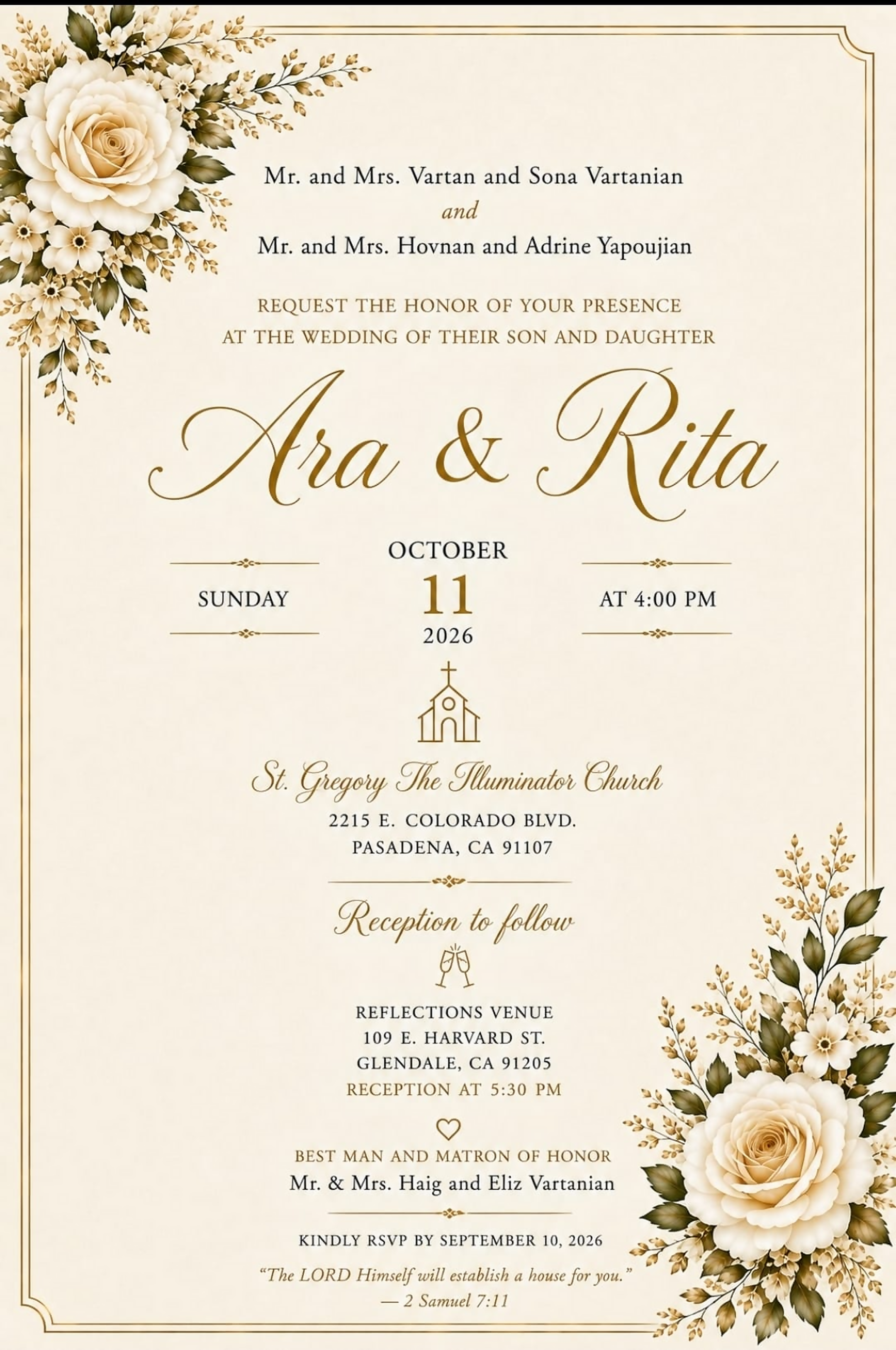 Wedding invitation for Ara and Rita. Sunday, October 11, 2026 at 4:00 PM. Ceremony at St. Gregory The Illuminator Church in Pasadena, with reception to follow at Reflections Venue in Glendale.